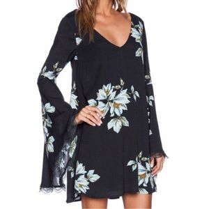 Free People Wanderer Mini Dress Floral Bell Sleeves Lace Cutout Charcoal Small